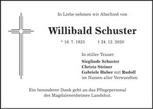 Traueranzeige Willibald Schuster