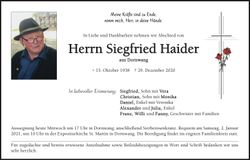Traueranzeige Siegfried Haider
