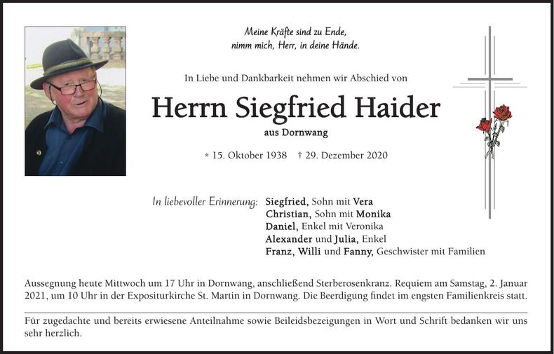 Traueranzeige Siegfried Haider