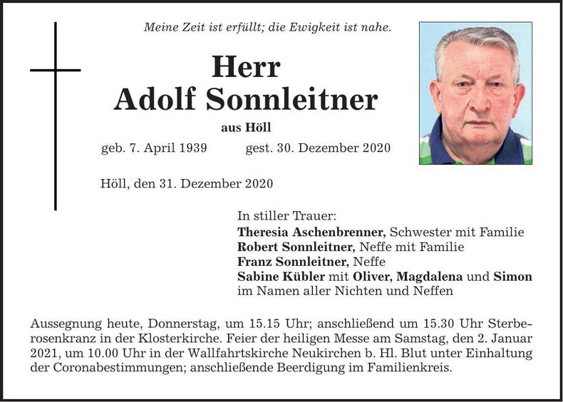 Traueranzeige Adolf Sonnleitner