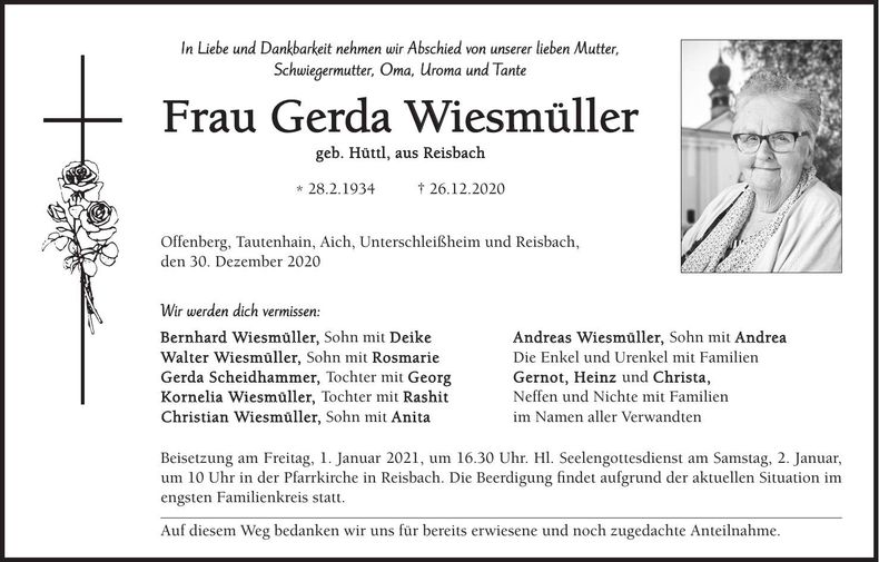 Traueranzeige Gerda Wiesmüller