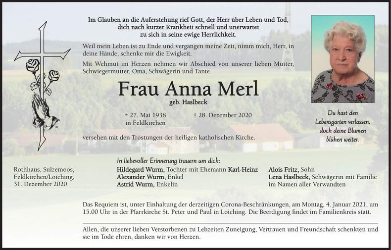 Traueranzeige Anna Merl