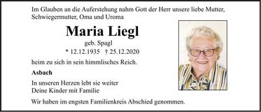 Traueranzeige Maria Liegl
