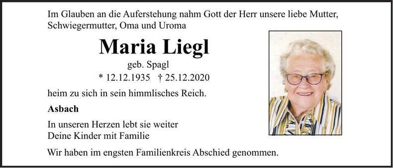 Traueranzeige Maria Liegl