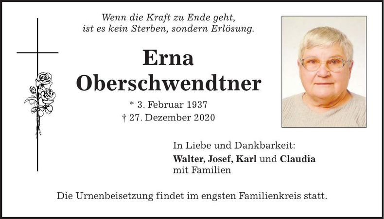 Traueranzeige Erna Oberschwendtner