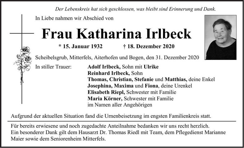 Traueranzeige Katharina Irlbeck
