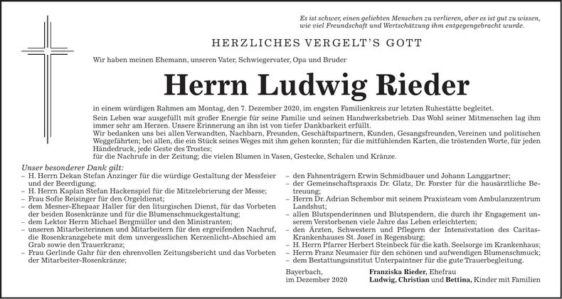Traueranzeige Ludwig Rieder