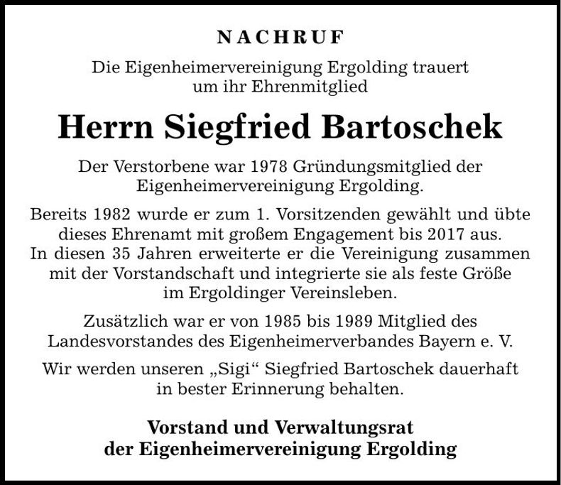 Traueranzeige Siegfried Bartoschek