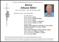 Traueranzeige Johann Biller