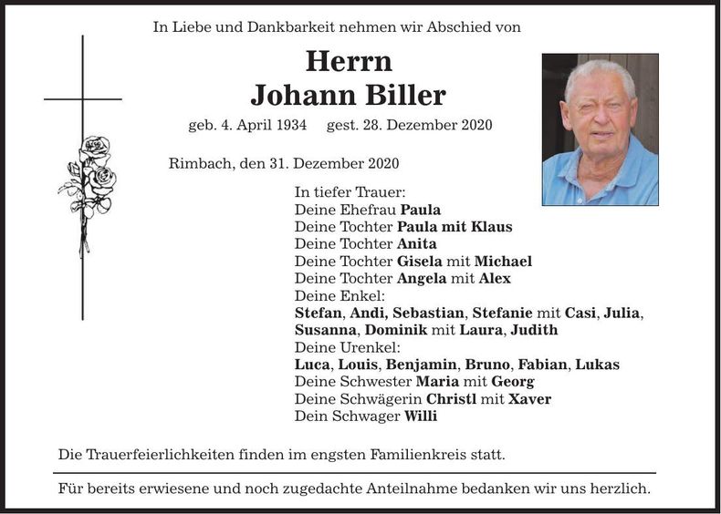 Traueranzeige Johann Biller
