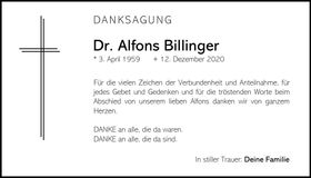 Traueranzeige Alfons Billinger