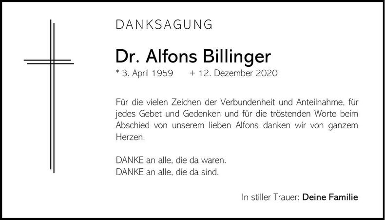 Traueranzeige Alfons Billinger