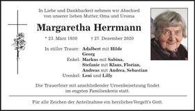 Traueranzeige Margaretha Herrmann