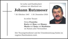 Traueranzeige Johann Rutzmoser