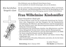 Traueranzeige Wilhelmine Kindsmüller