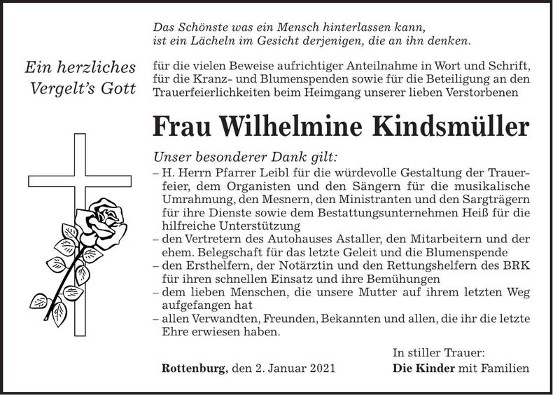 Traueranzeige Wilhelmine Kindsmüller