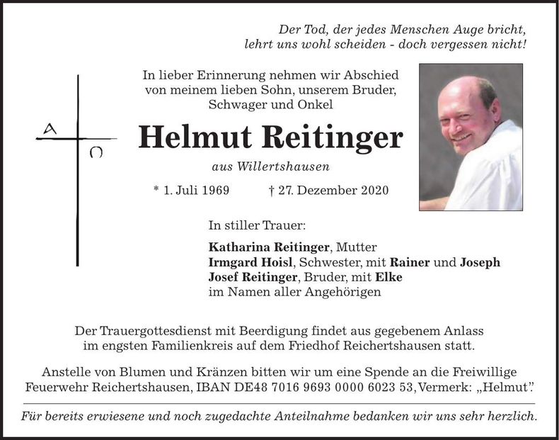 Traueranzeige Helmut Reitinger