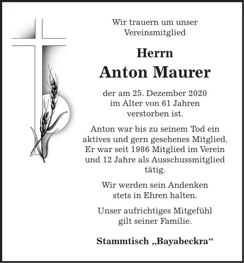 Traueranzeige Anton Maurer