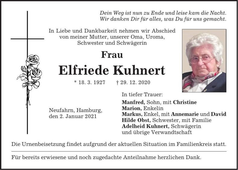 Traueranzeige Elfriede Kuhnert