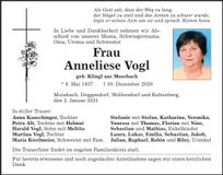Traueranzeige Anneliese Vogl