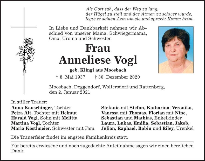 Traueranzeige Anneliese Vogl