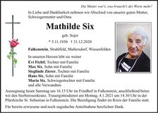 Traueranzeige Mathilde Six