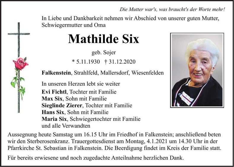 Traueranzeige Mathilde Six