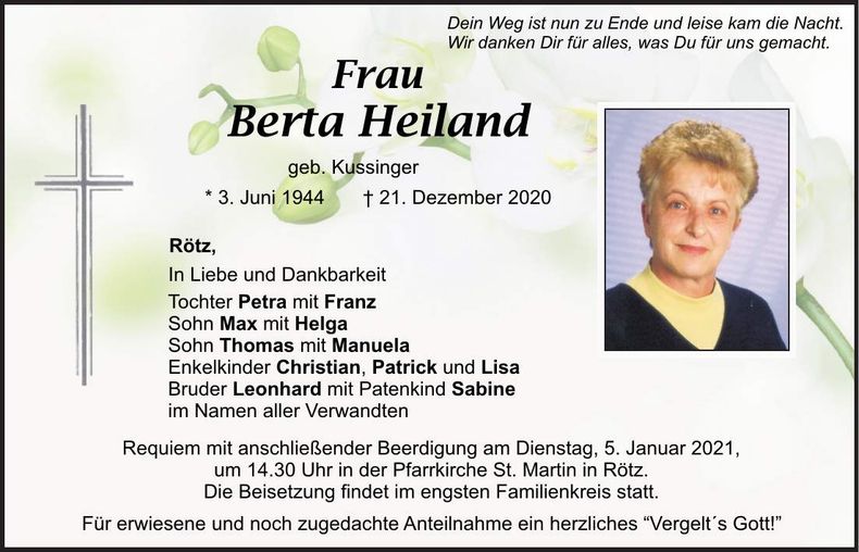 Traueranzeige Berta Heiland