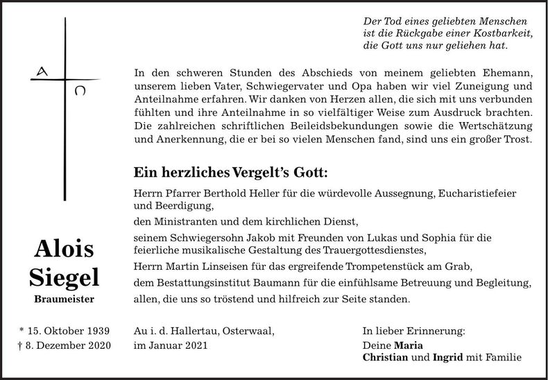 Traueranzeige Alois Siegel