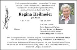 Traueranzeige Regina Heilmeier