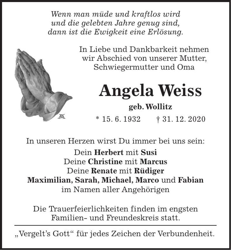 Traueranzeige Angela Weiss
