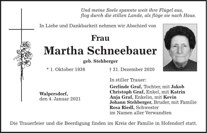 Traueranzeige Martha Schneebauer