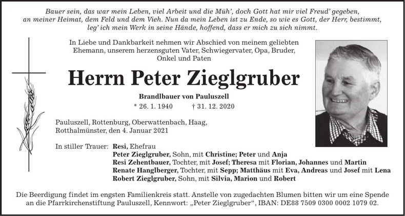 Traueranzeige Peter Zieglgruber