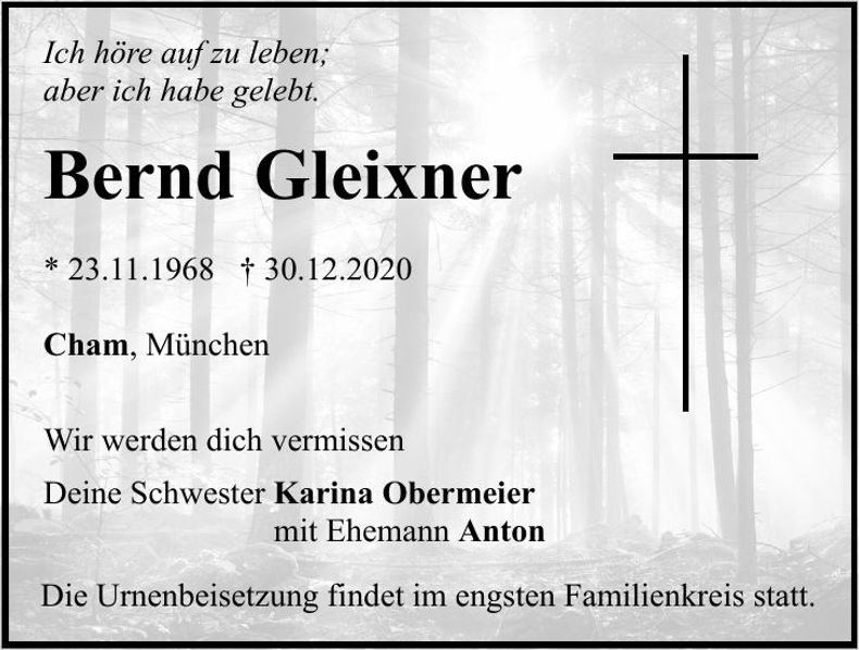 Traueranzeige Bernd Gleixner