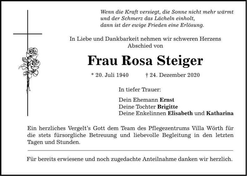 Traueranzeige Rosa Steiger