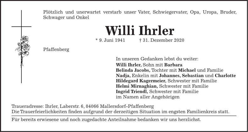 Traueranzeige Willi Ihrler