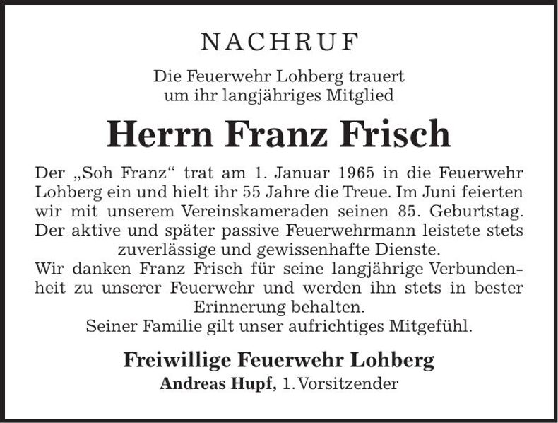 Traueranzeige Franz Frisch
