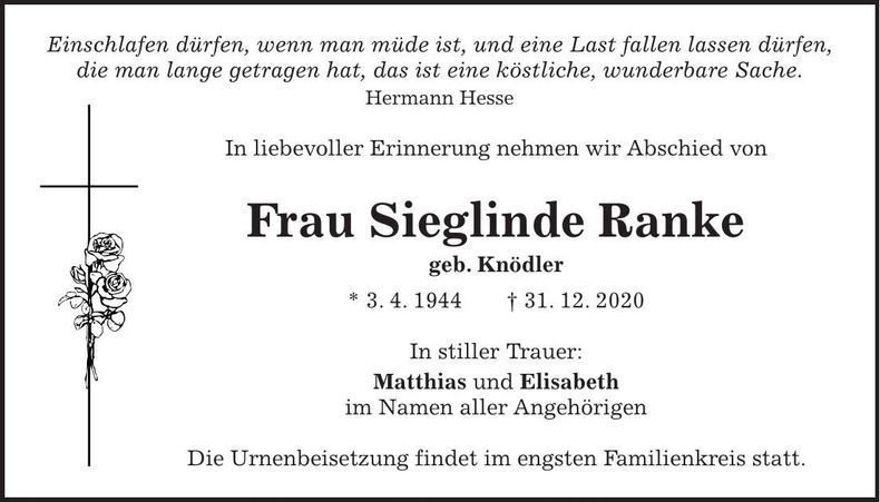 Traueranzeige Siglinde Ranke