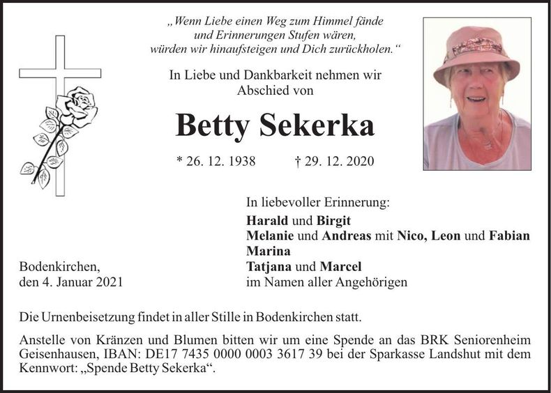 Traueranzeige Betty Sekerka