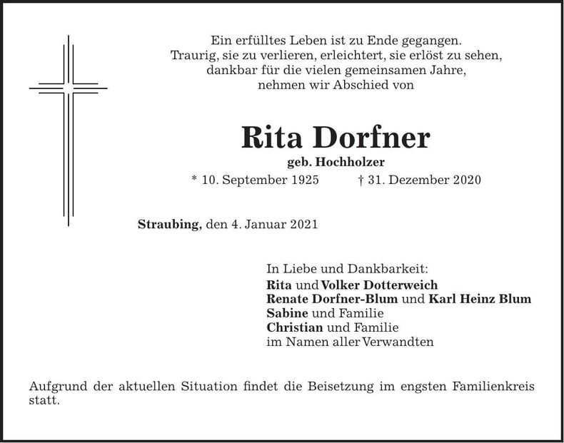 Traueranzeige Rita Dorfner