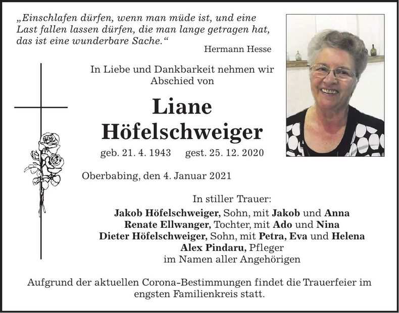 Traueranzeige Liane Höfelschweiger
