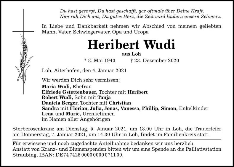 Traueranzeige Heribert Wudi