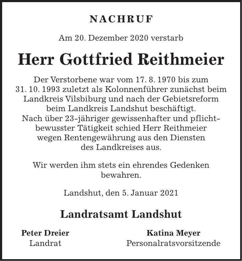Traueranzeige Gottfried Reithmeier