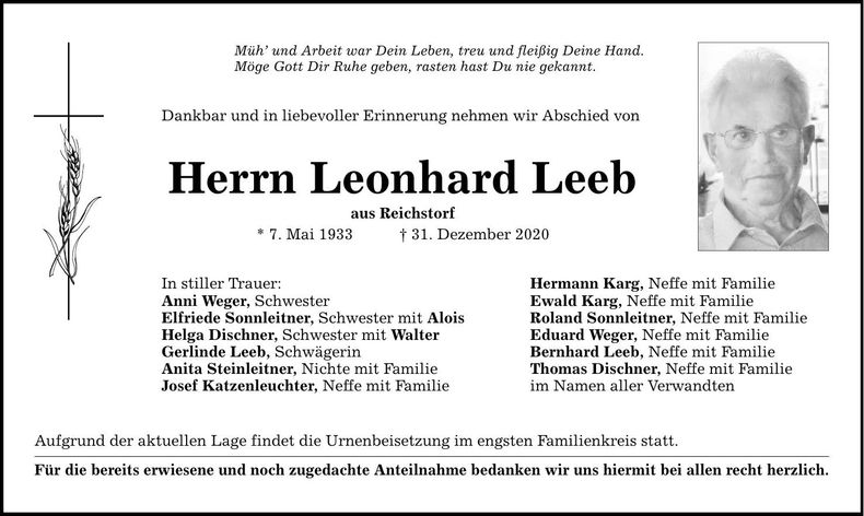 Traueranzeige Leonhard Leeb