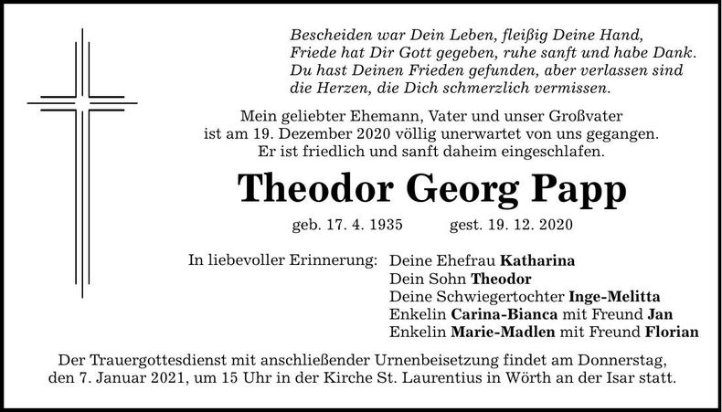 Traueranzeige Theodor Georg Papp