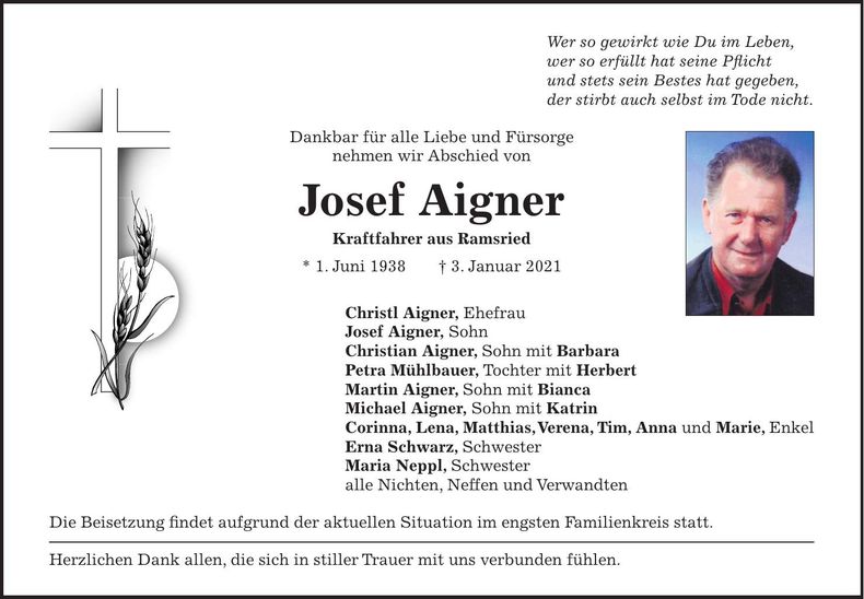 Traueranzeige Josef Aigner