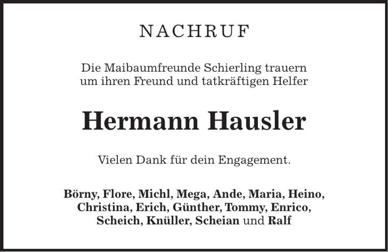 Traueranzeige Hermann Hausler