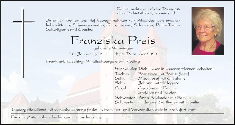 Traueranzeige Franziska Preis