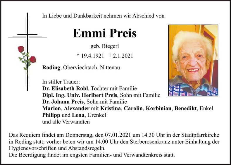 Traueranzeige Emma Preis