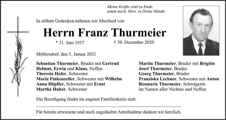 Traueranzeige Franz Thurmeier
